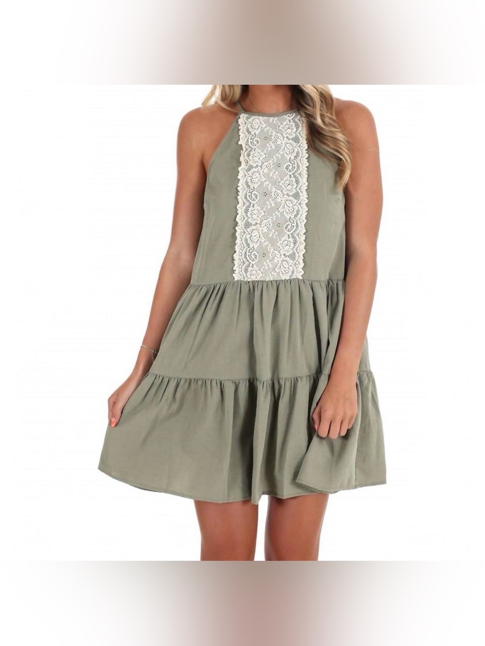 In February “Nobody Else” Halter Tiered Mini Sun Dress In Olive Green Size Small
